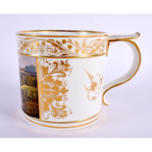 279 - Early 19th century Derby porter mug painted with a View in Tyrol, with an elaborate gilt border. 11.... 