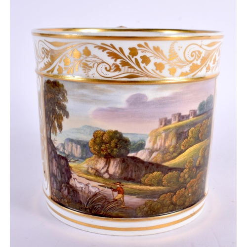 279 - Early 19th century Derby porter mug painted with a View in Tyrol, with an elaborate gilt border. 11.... 