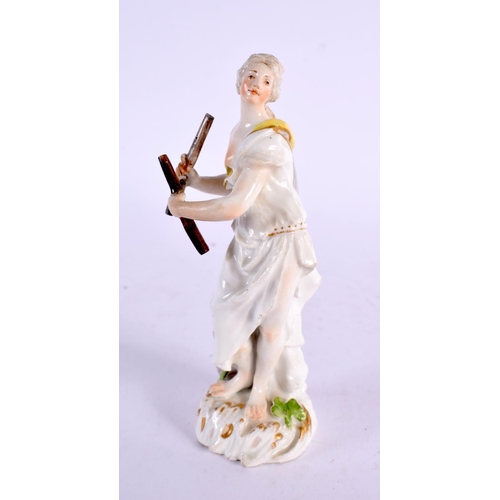 283 - Mid-18th century Meissen figure of a female musician standing and draped in classical robes, holding... 