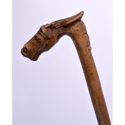 290 - AN UNUSUAL 19TH CENTURY GREEK CORFU CARVED FOLK ART WALKING CANE with horse and portrait head termin... 