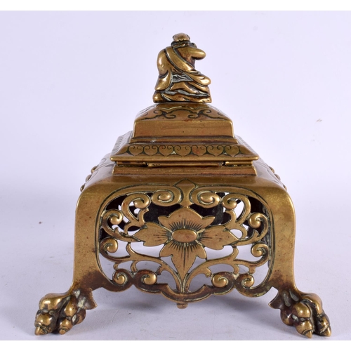 295 - A 19TH CENTURY EUROPEAN AESTHETIC MOVEMENT BRONZE INKWELL AND COVER formed with a seated Japanese fi... 