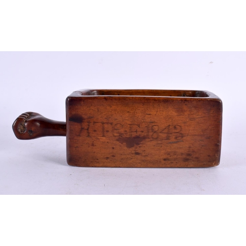 298 - A CHARMING MID 19TH CENTURY TREEN CARVED WOOD COLLECTION BOX formed with a clenched fist, dated 1843... 