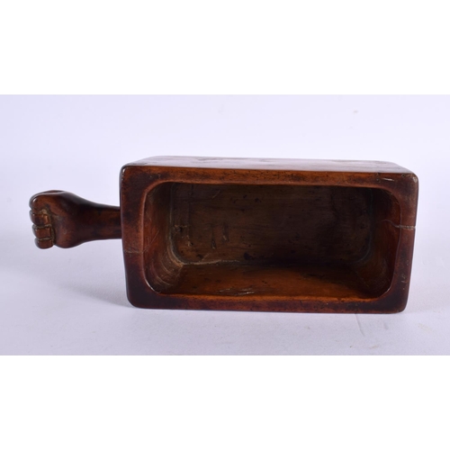 298 - A CHARMING MID 19TH CENTURY TREEN CARVED WOOD COLLECTION BOX formed with a clenched fist, dated 1843... 