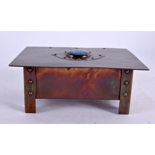 300 - AN ARTS AND CRAFTS COPPER AND RUSKIN ENAMEL CASKET with rising lid. 15 cm x 12 cm.