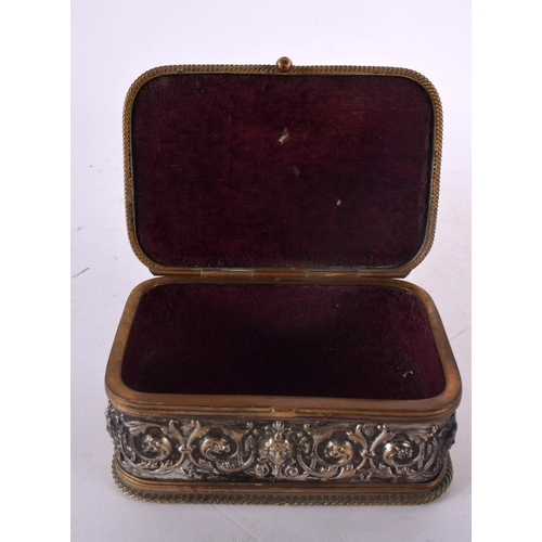 302 - AN ANTIQUE GERMAN MIXED METAL NURNBERG CASKET decorated in relief with buildings. 12 cm x 8 cm.