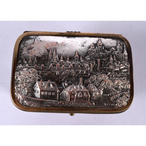 302 - AN ANTIQUE GERMAN MIXED METAL NURNBERG CASKET decorated in relief with buildings. 12 cm x 8 cm.