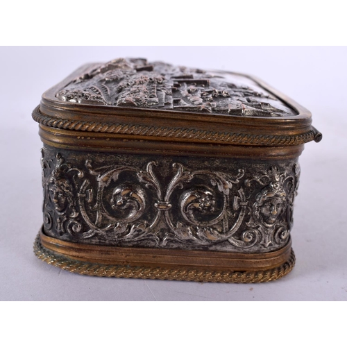 302 - AN ANTIQUE GERMAN MIXED METAL NURNBERG CASKET decorated in relief with buildings. 12 cm x 8 cm.