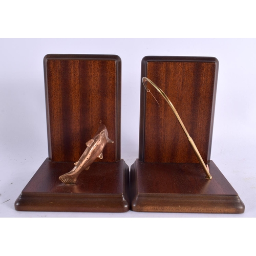 307 - AN UNUSUAL PAIR OF GENTLEMANS SALMON FLY FISHING BOOK ENDS. 17 cm x 24 cm overall.