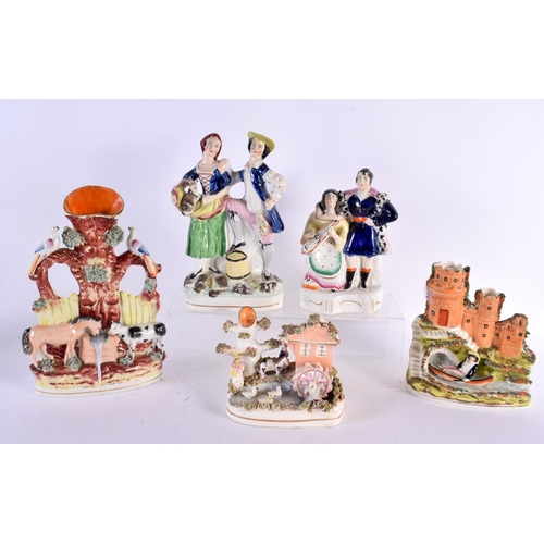 31 - FIVE 19TH CENTURY STAFFORDSHIRE POTTERY FIGURES. Largest 30 cm x 10 cm. (5)