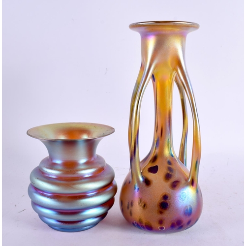 32 - AN ART NOUVEAU IRIDESCENT GLASS VASE together with another ribbed vase & a dish. Largest 23 cm high.... 