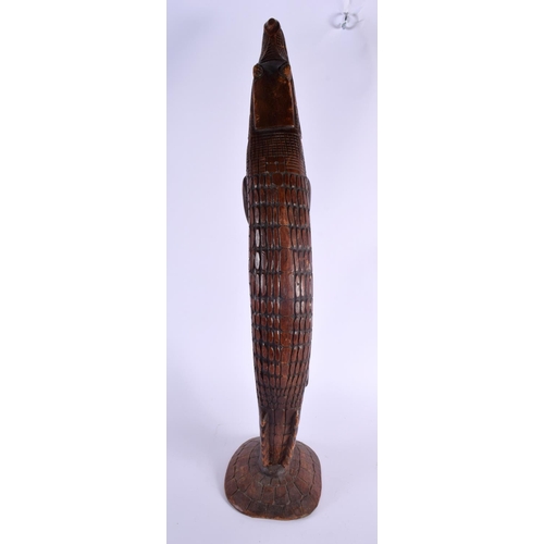 321 - A LARGE SOUTHSEA ISLANDS TRIBAL POLYNESIAN CARVED WOOD CROCODILE modelled as a kayman clutching shel... 