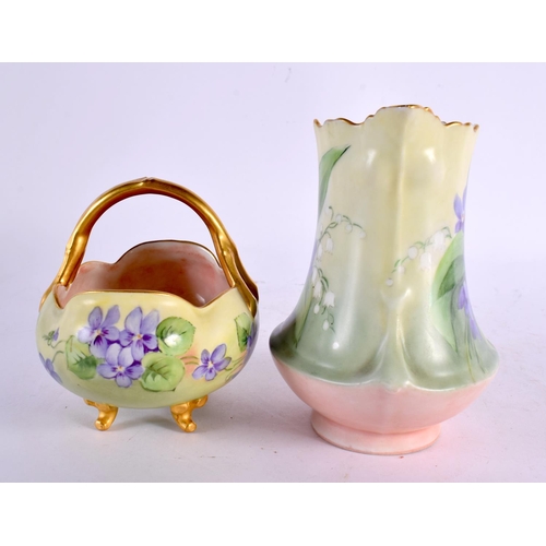 33 - A FRENCH LIMOGES ENAMEL PORCELAIN BASKET together with a similar jug. Largest 15 cm x 10 cm. (2)