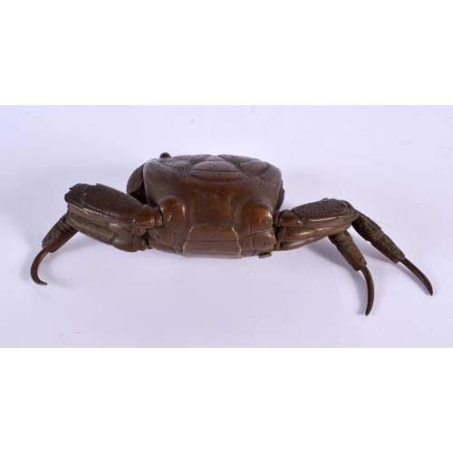 330 - A 19TH CENTURY JAPANESE MEIJI PERIOD BRONZE OKIMONO OF A CRAB of naturalistic form. 16 cm x 7 cm.