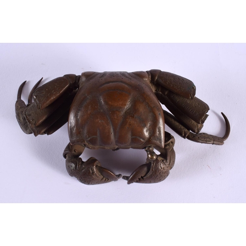 330 - A 19TH CENTURY JAPANESE MEIJI PERIOD BRONZE OKIMONO OF A CRAB of naturalistic form. 16 cm x 7 cm.