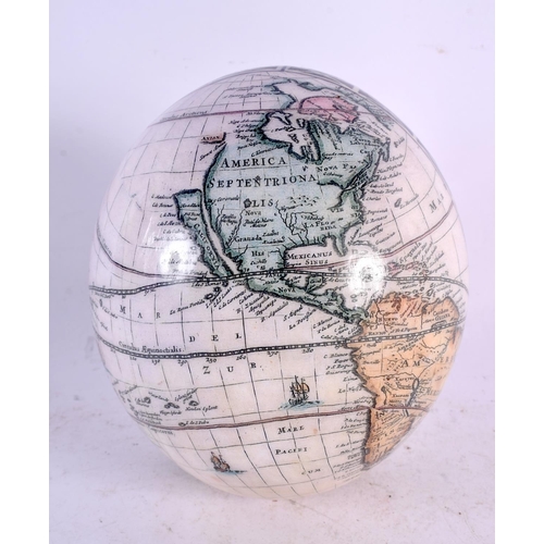 34 - AN UNUSUAL DECLOMANIA MAP OF THE WORLD OSTRICH EGG. 15 cm x 10 cm.