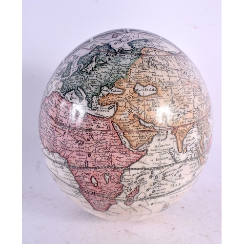 34 - AN UNUSUAL DECLOMANIA MAP OF THE WORLD OSTRICH EGG. 15 cm x 10 cm.