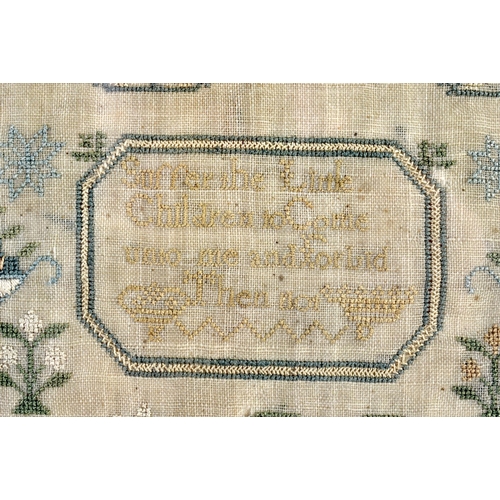 341 - AN EARLY 19TH CENTURY FRAMED AND EMBROIDERED ENGLISH SAMPLER depicting houses and landscapes. 54 cm ... 