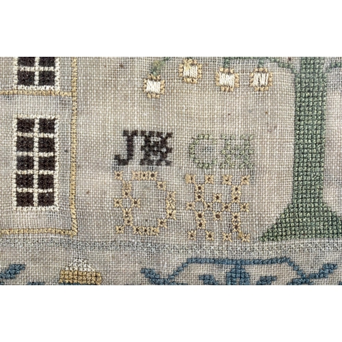 341 - AN EARLY 19TH CENTURY FRAMED AND EMBROIDERED ENGLISH SAMPLER depicting houses and landscapes. 54 cm ... 