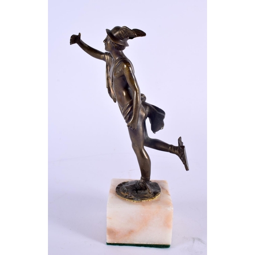 342 - A 19TH CENTURY FRENCH GRAND TOUR FIGURE OF A WINGED MESSENGER upon a marble base. 21 cm high.