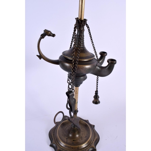 345 - A LARGE 19TH CENTURY EUROPEAN GRAND TOUR BRONZE LAMP After the Antiquity, formed as an antiquity oil... 