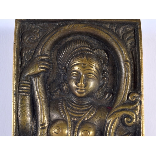 352 - AN EARLY 20TH CENTURY INDIAN BRONZE BUDDHISTIC BUDDHA PLAQUE modelled with a standing deity. 17 cm x... 