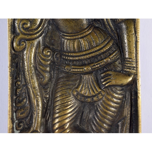 352 - AN EARLY 20TH CENTURY INDIAN BRONZE BUDDHISTIC BUDDHA PLAQUE modelled with a standing deity. 17 cm x... 