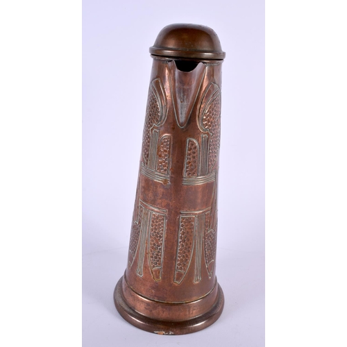 357 - AN ARTS AND CRAFTS COPPER FLAGON decorated with motifs. 27 cm x 14 cm.