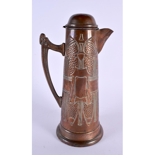 357 - AN ARTS AND CRAFTS COPPER FLAGON decorated with motifs. 27 cm x 14 cm.