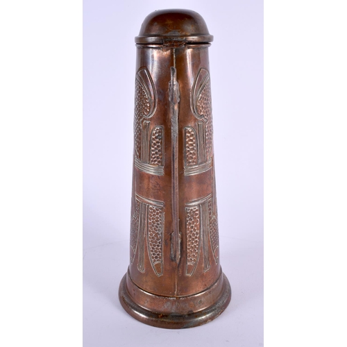 357 - AN ARTS AND CRAFTS COPPER FLAGON decorated with motifs. 27 cm x 14 cm.