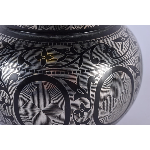 359 - A FINE 19TH CENTURY MIDDLE EASTERN SILVER INLAID BIDRI WARE VASE of bulbous form, decorated with ang... 