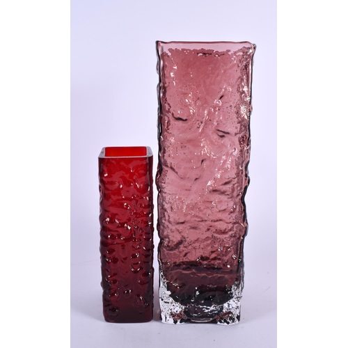 360 - A LARGE WHITEFRAIRS AUBERGINE GLASS BARK VASE together with a smaller glass vase. Largest 30 cm x 9 ... 