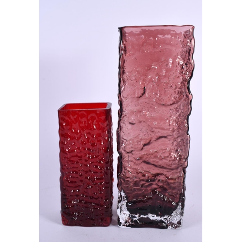 360 - A LARGE WHITEFRAIRS AUBERGINE GLASS BARK VASE together with a smaller glass vase. Largest 30 cm x 9 ... 