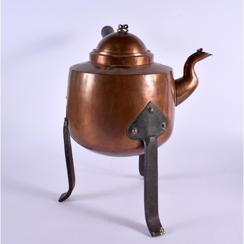 366 - AN ARTS AND CRAFTS COPPER AND WROUGH IRON TEAPOT AND COVER. 37 cm x 32 cm.