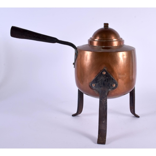 366 - AN ARTS AND CRAFTS COPPER AND WROUGH IRON TEAPOT AND COVER. 37 cm x 32 cm.