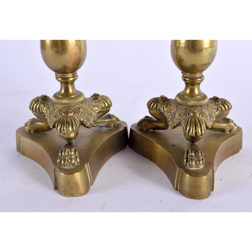 376 - A PAIR OF 19TH CENTURY FRENCH EMPIRE STYLE BRONZE CANDLESTICKS. 19 cm high.