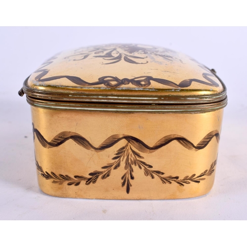 379 - A FRENCH GILT PAINTED PORCELAIN BOX. 10 cm x 7.5 cm.