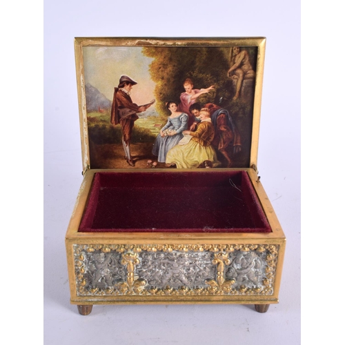 380 - A VINTAGE MIXED METAL REPOUSSE MUSICAL BOX. 12.5 cm x 10 cm.