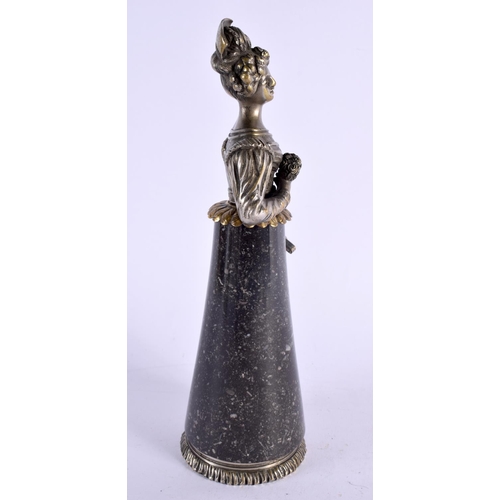 393 - A RARE 19TH CENTURY ENGLISH SILVERED BRONZE AND GRANITE DESK STAND formed as a classical female. 27 ... 