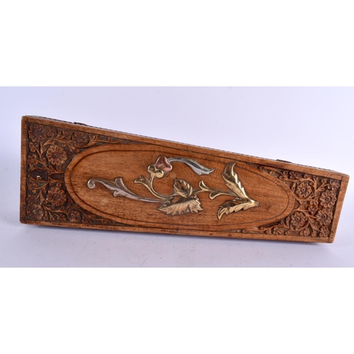 394 - AN EARLY 20TH CENTURY ANGLO INDIAN MIXED METAL INLAID HARDWOOD BOX decorated with foliage and vines.... 