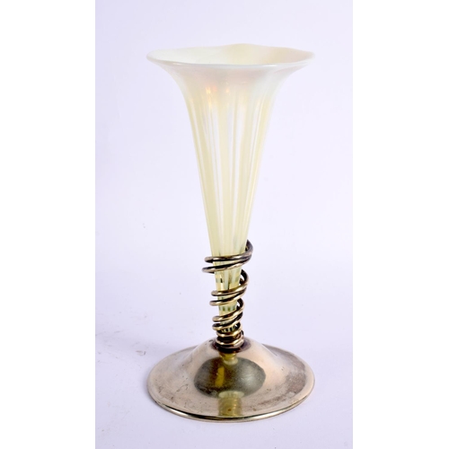 4 - AN EDWARDIAN SILVER PLATED OPALESCENT GLASS POSY VASE. 19 cm high.