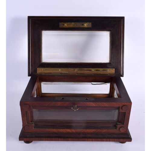 409 - A LOVELY 19TH CENTURY ENGLISH CARVED WOOD AND GLASS JEWELLERY CASE with crossbanded top. 30 cm x 18 ... 