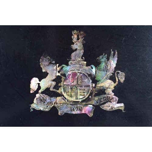 410 - A RARE ANTIQUE ENGLISH MOTHER OF PEARL INLAID ARMORIAL LACQUER TRAY. 42 cm x 32 cm.