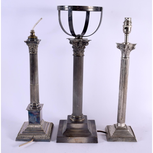 413 - TWO LARGE 19TH CENTURY ENGLISH COUNTRY HOUSE SILVER PLATED CANDLESTICK LAMPS together with another s... 