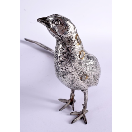 417 - THREE LARGE EARLY 20TH CENTURY EUROPEAN WHITE METAL TABLE ORNAMENTS formed as standing game birds. 3... 