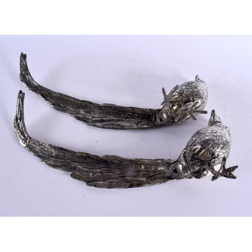 417 - THREE LARGE EARLY 20TH CENTURY EUROPEAN WHITE METAL TABLE ORNAMENTS formed as standing game birds. 3... 