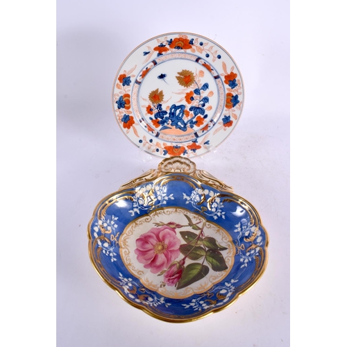 43 - AN EARLY 19TH CENTURY ENGLISH PORCELAIN SHELL FORM DISH painted with bold roses, together with an im... 