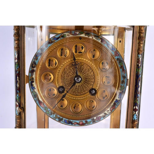 434 - A LARGE 19TH CENTURY FRENCH CHAMPLEVE ENAMEL AND BRONZE CLOCK GARNITURE decorated all over with foli... 