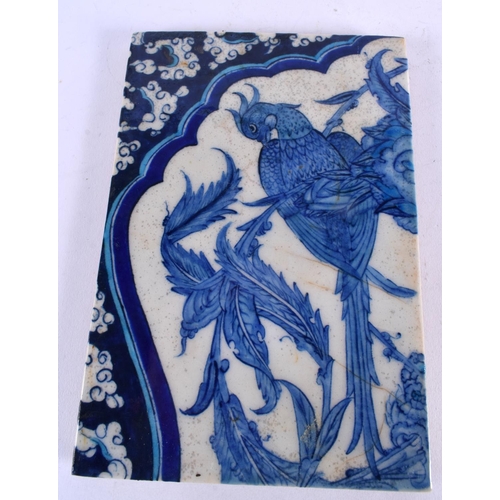 435 - TWO MIDDLE EASTERN IZNIK TILES one painted with birds, the other foliage. 24 cm x 17 cm. (2)