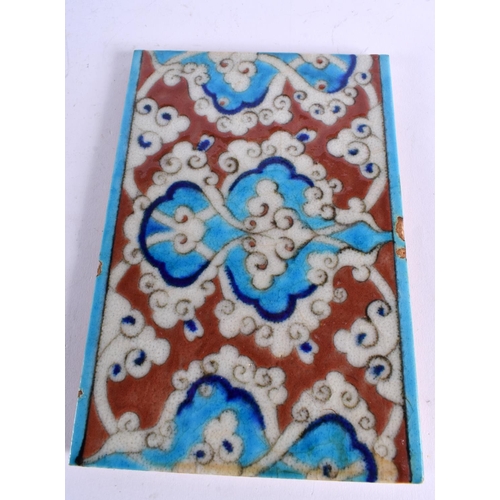 435 - TWO MIDDLE EASTERN IZNIK TILES one painted with birds, the other foliage. 24 cm x 17 cm. (2)