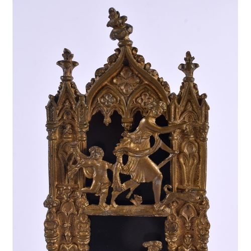 446 - AN ANTIQUE GOTHIC REVIVAL GILT METAL LETTER RACK decorated with classical figures. 30 cm x 14 cm.